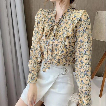 S-4xl Ruffle Blouse Long Sleeve Korea Casual Blouse Shirt Women Sping Fashion Floral Printed Top Bow Chiffon Shirt