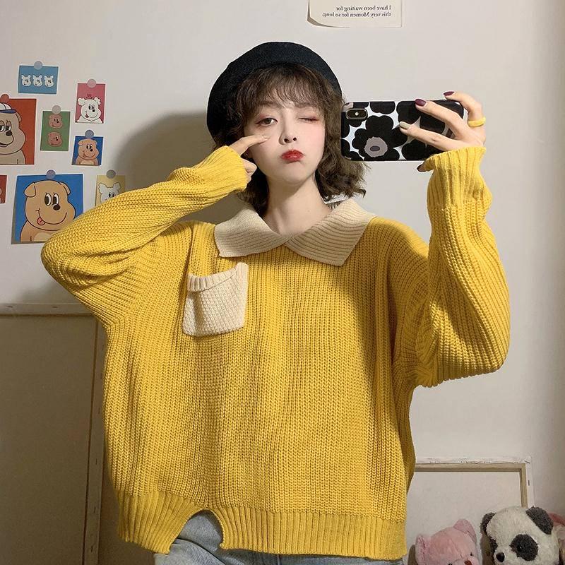 Autumn Winter Students Hit Color POLO Collar Loose Ins Lazy Long-sleeved Sweater Korean Version Trendy Tops