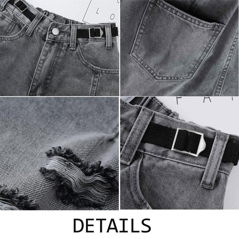 WTEMPO Hole Harem Pants Women's Jeans Loose Wide Leg Straight  Denim Big Pocket Trousers Adjustable Waist