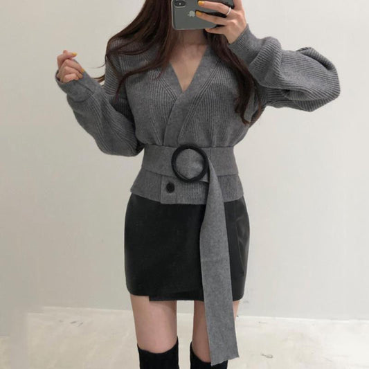 Vintage V-neck Slim Cardigan Sweater Women's Short Loose Knit Sweater Short Cardigan Coat with Belt