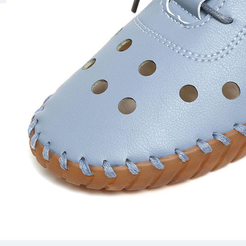 Soft Leather Hollow Women's Shoes Summer Hole Sandals Tendon Sole Sandals Flat Casual Shoes Soft Sole Mother's Sandals