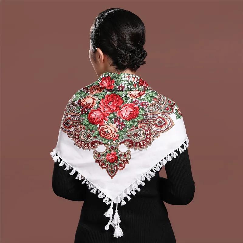 Women's Ethnic Style Square Scarf Printed Shawl Fringed Cotton Scarf Autumn and Winter Warm Embroidered Shawl Multifunctional Turban Shawl Scarf