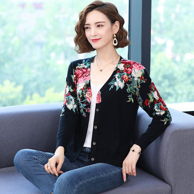 Autumn and Winter Women's Printed Cardigan V-neck Casual Sweater Coat High-end Wool Plus Size Cardigan