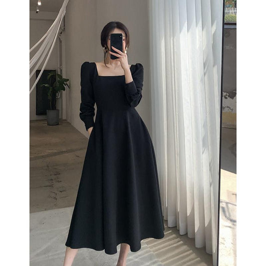 Black Dress Women's Long-sleeved French Retro Hepburn Style Square-neck Long Dress Gentle and Elegant Waist Slimming Square-neck Dress