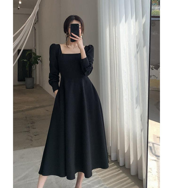 Black Dress Women's Long-sleeved French Retro Hepburn Style Square-neck Long Dress Gentle and Elegant Waist Slimming Square-neck Dress