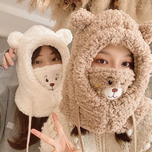 Women's Cute Bear Hat Winter Korean All-match Headgear Riding Scarf Warm Mask Bib Integrated One Piece Ear Face Protection Cartoon Caps Warm Hats