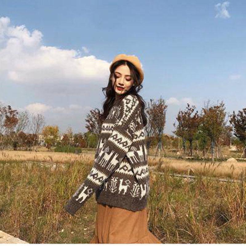 Vintage women christmas sweaters loose mid-length pullover thickened O-neck Fawn printing sweater