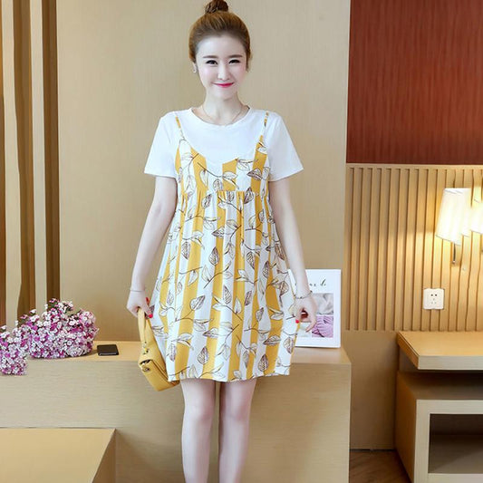 Loose Mid-length Ladies Dress Round Neck Short-sleeved Loose Skirt Casual Skirt Ladies Hanging Wide Loose Dress Sweet and Cute Fabric Soft