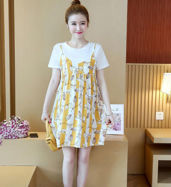 Loose Mid-length Ladies Dress Round Neck Short-sleeved Loose Skirt Casual Skirt Ladies Hanging Wide Loose Dress Sweet and Cute Fabric Soft