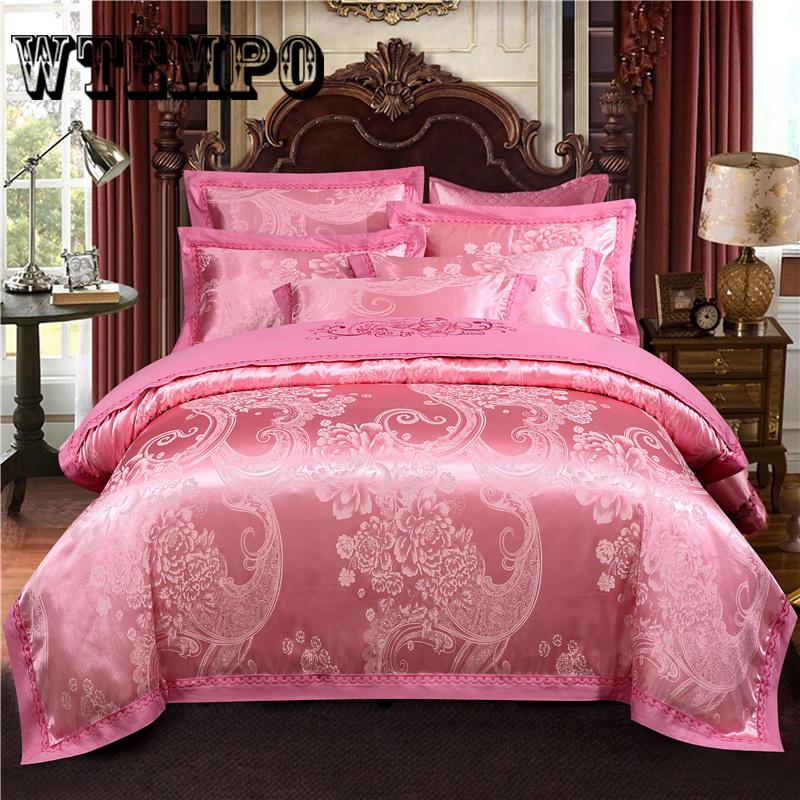 4pcs Home Textile Wedding Jacquard Silk Bedding Set Luxury Satin Quilt/Duvet Cover  Queen/king Size Bedclothes