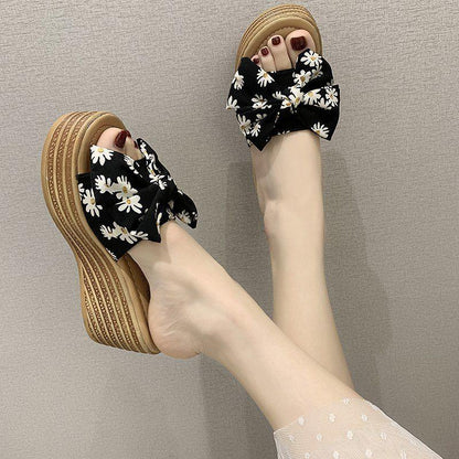 High-heeled Thick-soled Slippers Women's Summer One-word Thongs Are Thin and Heightened Bow Beach Sandals and Slippers