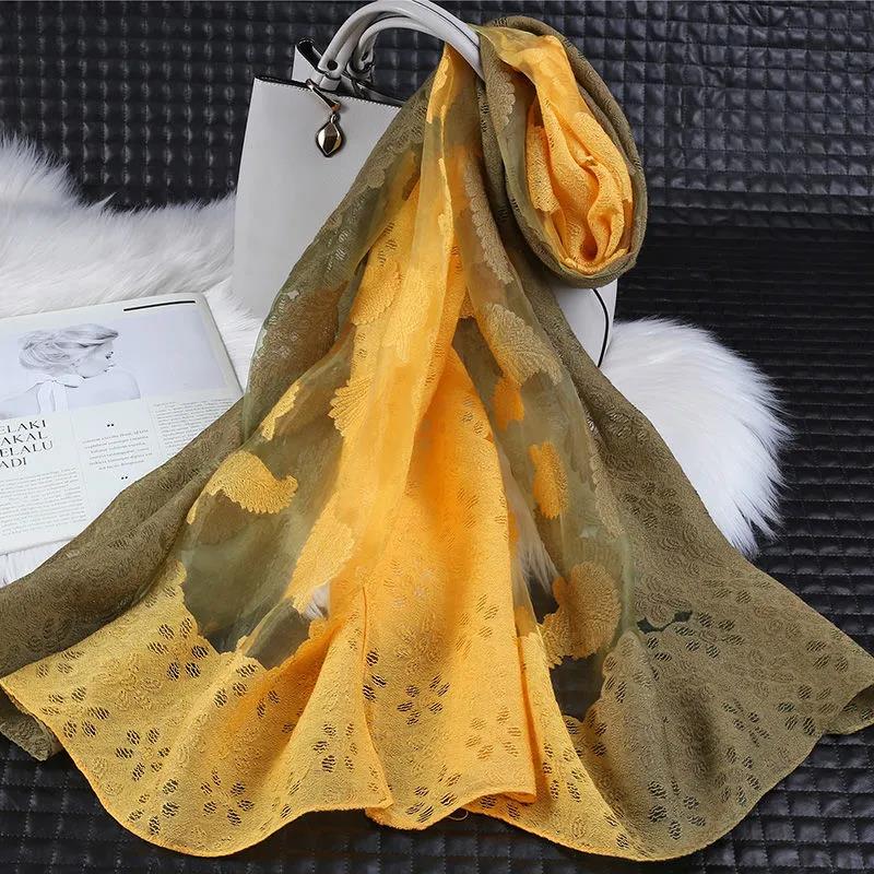 Women's Spring and Summer Two-color Gradient Silk Scarf Hollow Cut Flowers Organza Lace Gauze Scarf Shawl Long 190cm Thin Floral Neckerchief Shawl