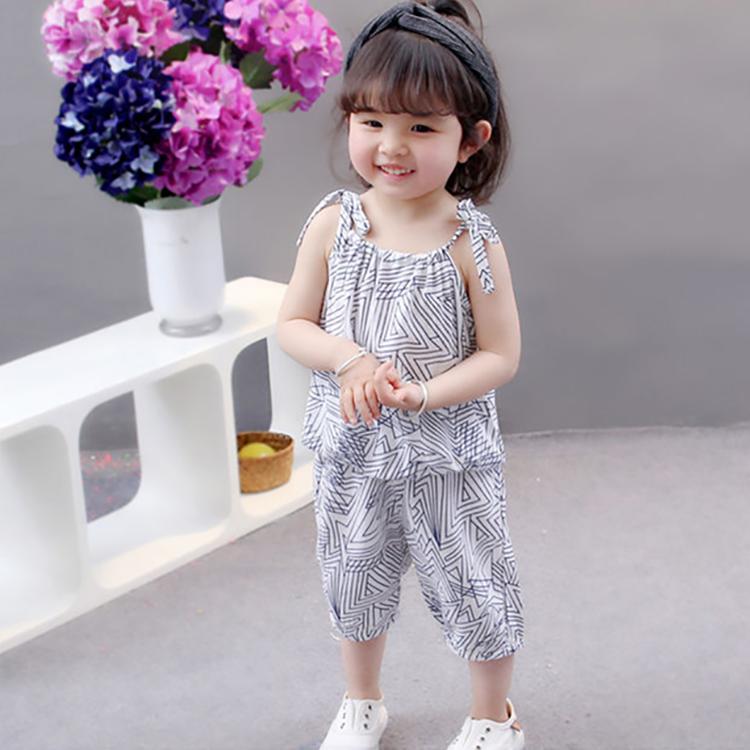 Children's Suit Summer Thin Korean Style Loose Print Geometry Girls Suspender Shorts Ventilation Two Piece Set