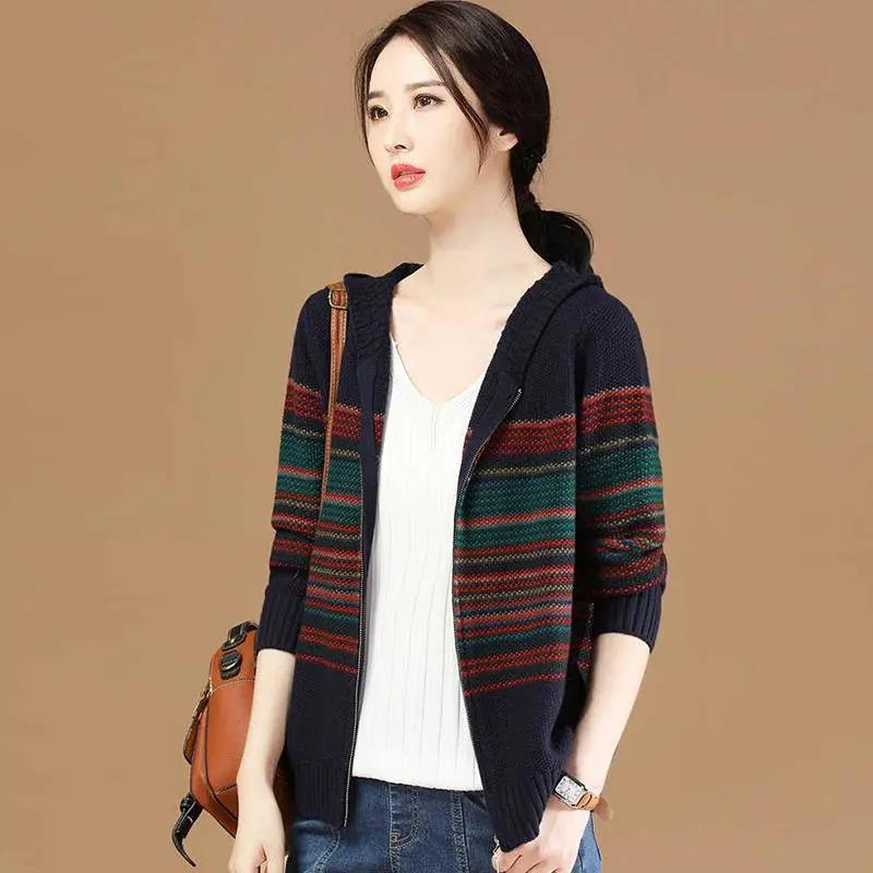 Women's Striped Hooded Knitted Cardigan Autumn Long Sleeve Zipper Cardigan Large Size Loose Short Sweater Coat