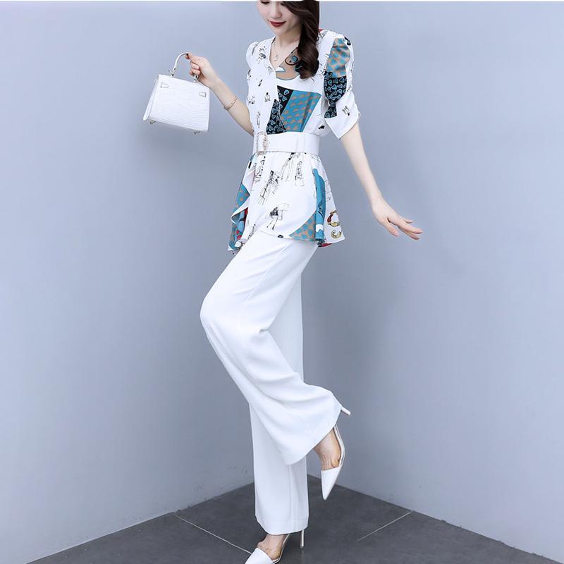 Chiffon Suit Female Temperament Suit Two-piece Suit Waist Slimming Chiffon Shirt Loose Wide-leg Pants Two-piece Suit Ladies Elegant Suit