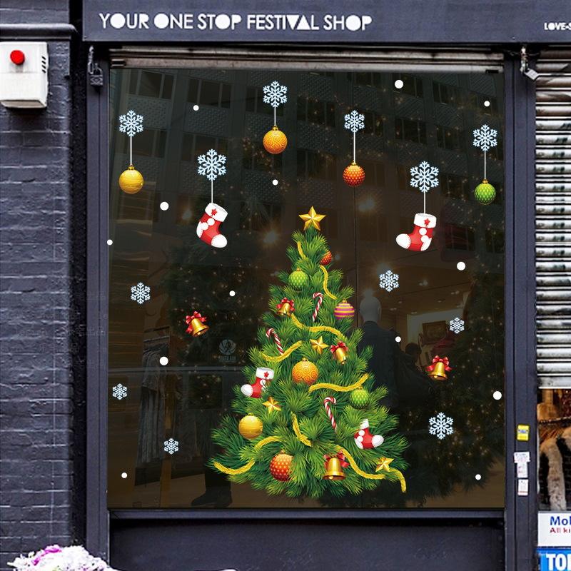 Christmas scene layout shop window glass Christmas tree wall stickers window flower ornaments