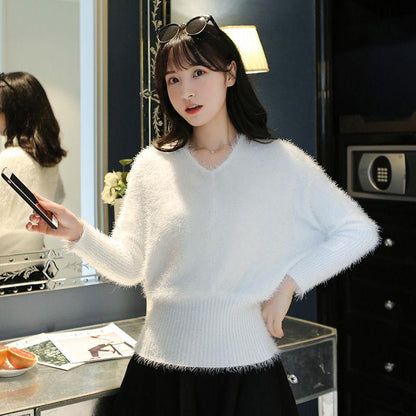 Autumn and Winter Style Plush Loose V-neck Bottoming Shirt Slim Short Sweater Women