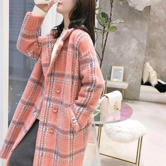 Spring and Autumn Mid-length Plaid Imitation Mink Velvet Coat Women Loose Thick Knit Sweater Coat Women