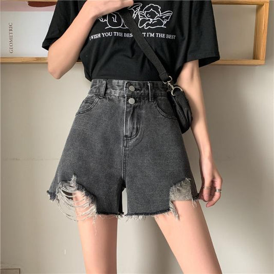 Women Summer A-line Wide Leg High Waist Thin Loose Shorts Versatile Vintage Denim Casual Streetwear Shorts