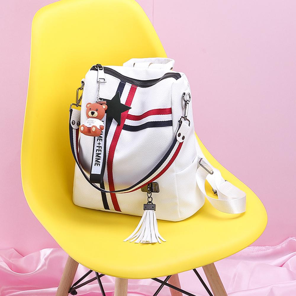 Fashion Cartoon School Bag Female PU Leather Travel Bag Gril's Stripe Pendant Backpack