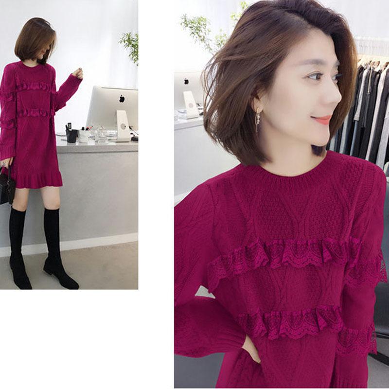 Autumn and Winter Fashion Knitted Bottoming Skirt Mid-length Solid Color Casual Dress Long-sleeved Lace Female Sweater Dress