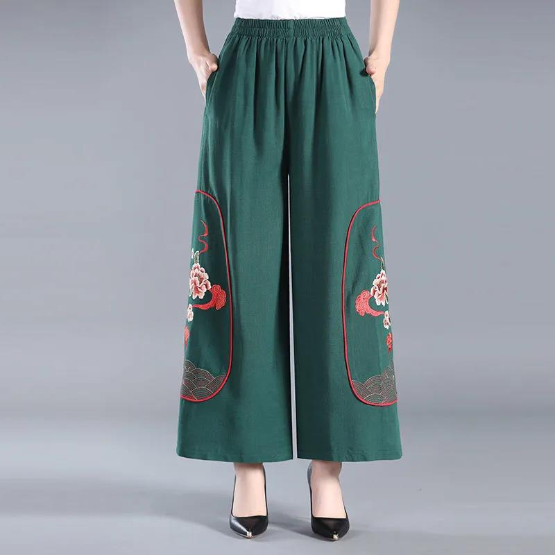 WTEMPO Embroidery Pants Women Ethnic Style Loose Elastic Waist Solid Color Casual Trousers XL-XXXXL