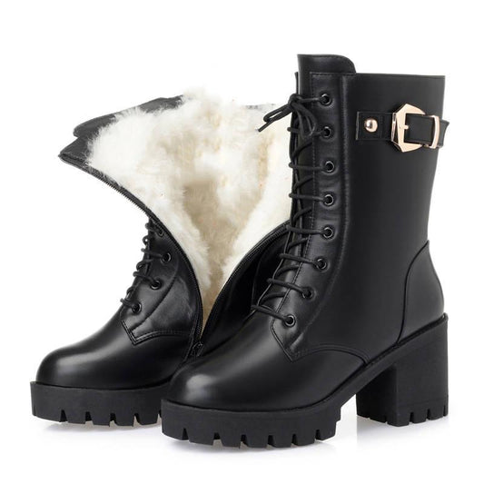 Boots Women Shoes Autumn Winter Fur Snow Boots Fashion Round Toe Lace-up Leather Boots Ladies Shoes