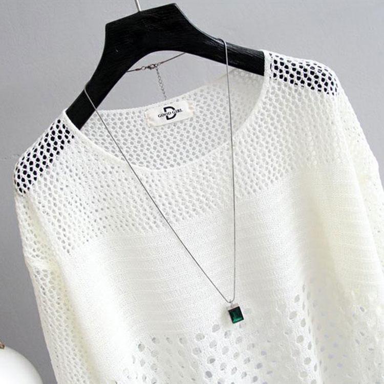 Summer Thin Bottoming Blouse Hollow Top Loose Pullover Knitted Sweater Women's Sunscreen Solid Color Breathable T-shirt