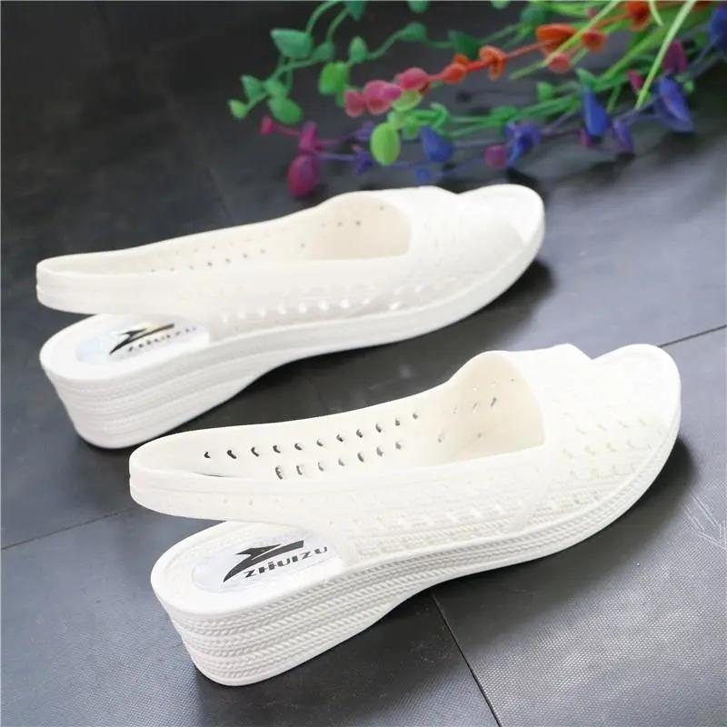 Women's Summer Hole Shoes Wedge Heel Casual Fish Mouth Sandals Soft Bottom Non-slip Beach White Nurse Shoes