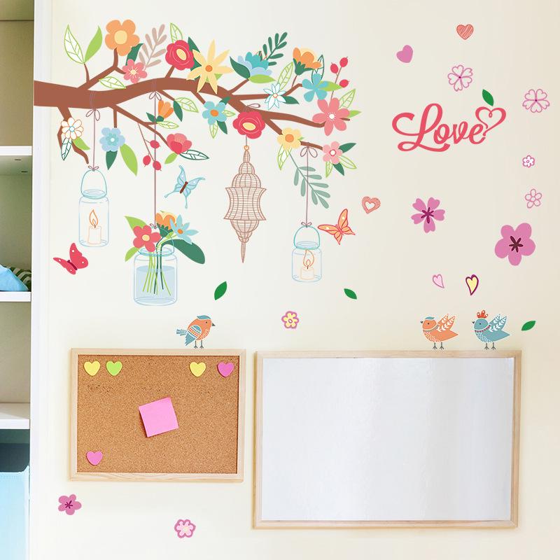 Pink Romantic Bird Cage Flower Colorful Tree Removable Wall Sticker Waterproof Wallpaper