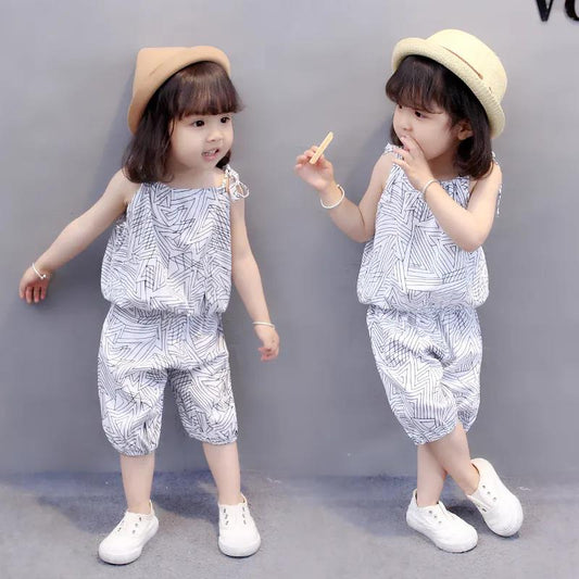 Children's Suit Summer Thin Korean Style Loose Print Geometry Girls Suspender Shorts Ventilation Two Piece Set