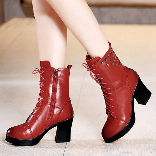 Boots Women Ankle Boots Genuine Leather Women Round Toe Chelsea Boots High Heel Boots Snow Boots