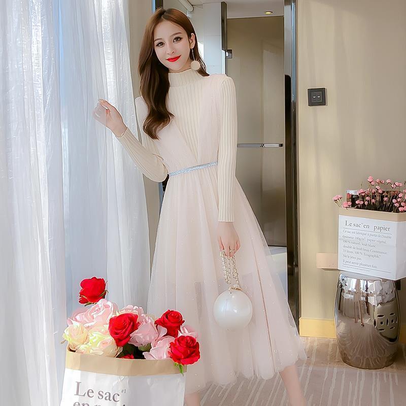 Spring and Autumn Knitted Dresses Are Thin Temperament Tops Tulle Skirts Women's Sweater Skirts