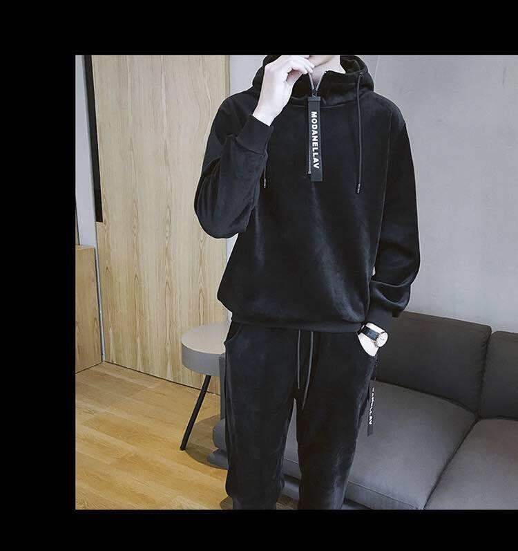 Gold Velvet Men's Sweater Suit Winter Fashion Hooded Plus Velvet Thick Korean Casual Sports Jacket