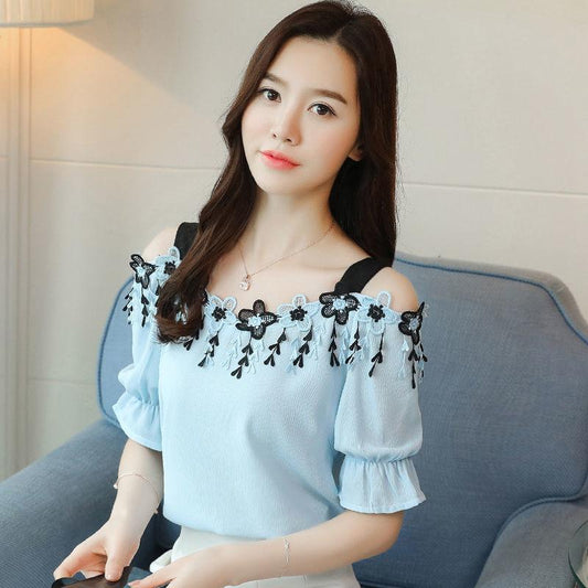 Chiffon Blouse Women's Strapless Sling Sling Neck Strapless Short-sleeved Thin Loose Bottoming Shirt Fabric Light and Breathable