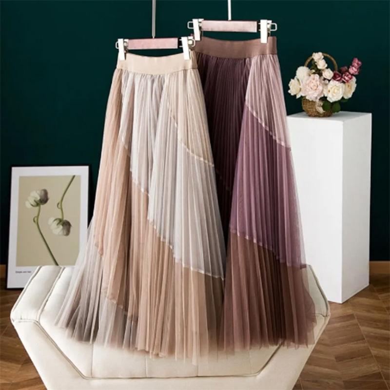 Summer Pleated Printed Mesh Skirt High Waist Thin Elastic Waist Mid-length Large Swing Skirt Women