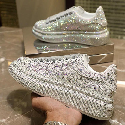 Women's Summer Platform Shoes Thick Bottom Full Diamond Fashion All-match Sneakers Sports Casual Shoes Shining Rhinestone Small White Shoes