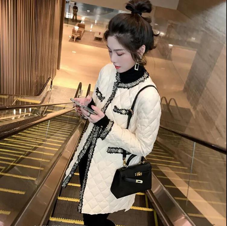 Cotton-padded Jacket Women Winter Korean Woven Diamond Lattice Light and Thin Mid-length Cotton-padded Jacket Women's Padded Jacket