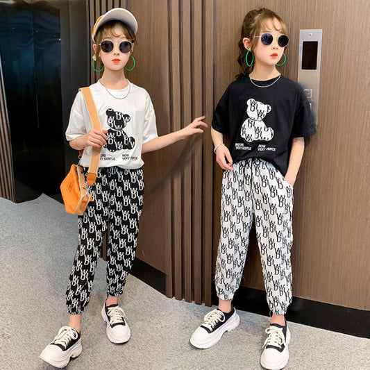 2PCS Children Clothing Set Spring Summer Girls Suits Printing Pure Color Korean Loose Casual Short Sleeve Tops + Pants Clothing Set