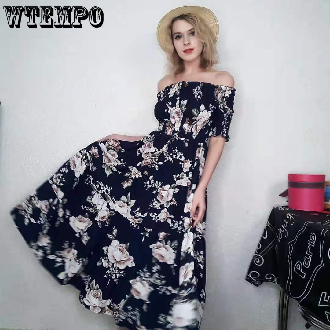 Woman Sexy One-shoulder Dress Long Retro Floral Elastic High-waist Dress Off-shoulder Party Dress