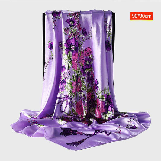 Women Elegant Scarf  Square Silk Imitation Satin Flower Scarf Wrap Shawl Sunscreen Gauze Shawl All-match Headscarf