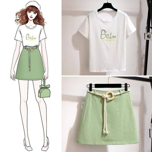 Pofulove Women High-quality White O-Neck Cotton T-shirt+high Waist Thin Slim Short Skirt Two-piece Suit