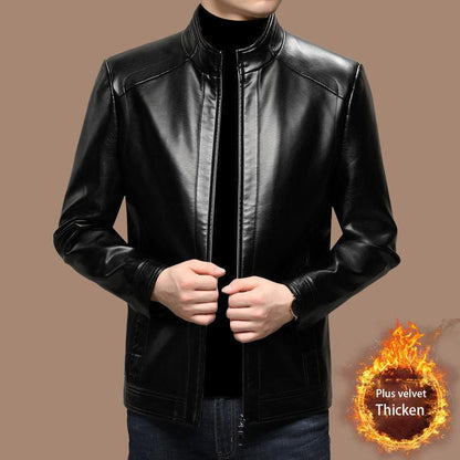 Men's Leather JacketMiddle-aged Men's Jacket Men's Thick Leather Motorcycle Jacket Dad Casual Stand Collar Leather Jacket