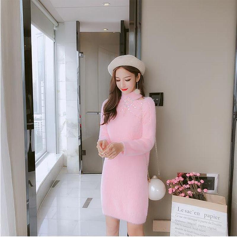 Autumn and Winter Temperament All-match Dress Beaded Mohair Knitted Sweater Dress Loose Mid-length Female Base Dress