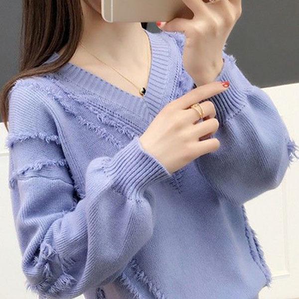 Spring and Autumn V-neck Sweater Pullover Solid Color Long-sleeved Casual Jacket Loose Young Women's Bottoming Shirt