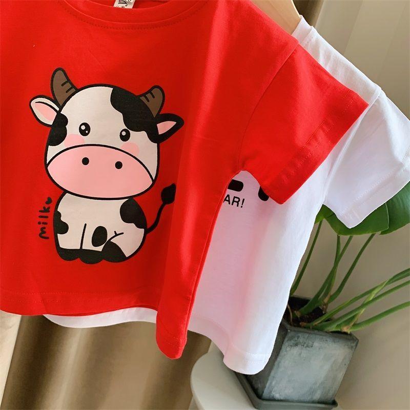 2PCS Children Clothing Set Spring Summer Girls Suits Printing Letter Cattle Short Sleeve Tops + Denim Pants Clothing Set