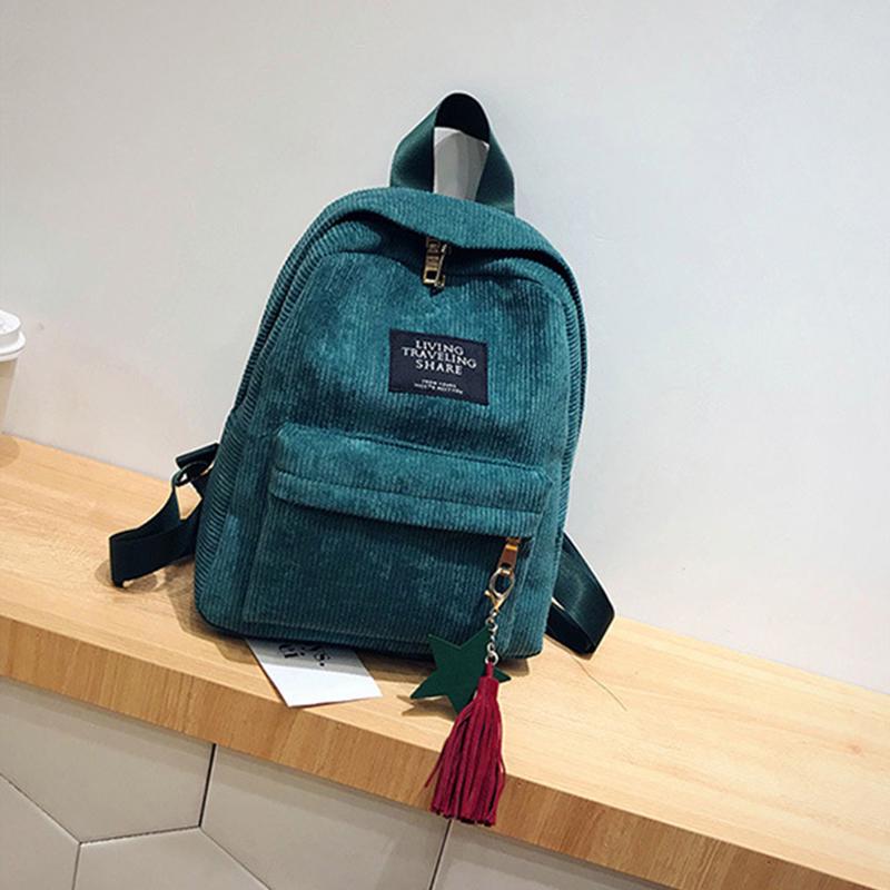 Corduroy Backpack for Women Cute Tassel Student School Bag Casual Knapsack