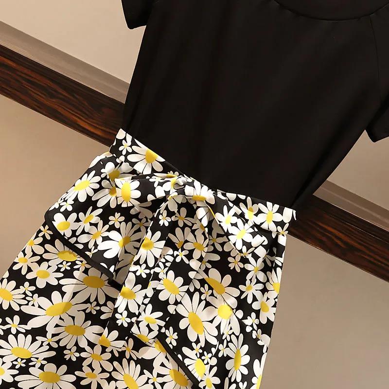 Women Summer Elegant Casual Skirt Suit Round Neck Short Sleeve Balck T-shirt High Waist Irregular Floral Print Skirt Vintage Two Pieces Set