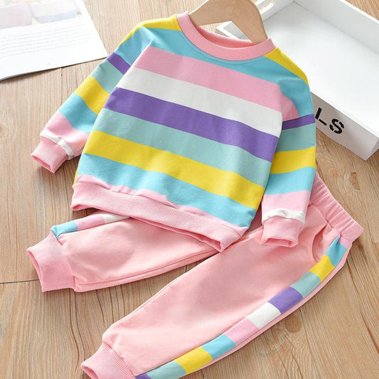 Two-piece Suit Girls Rainbow Suit Spring Autumn Children's All-match Jacket Casual Pants