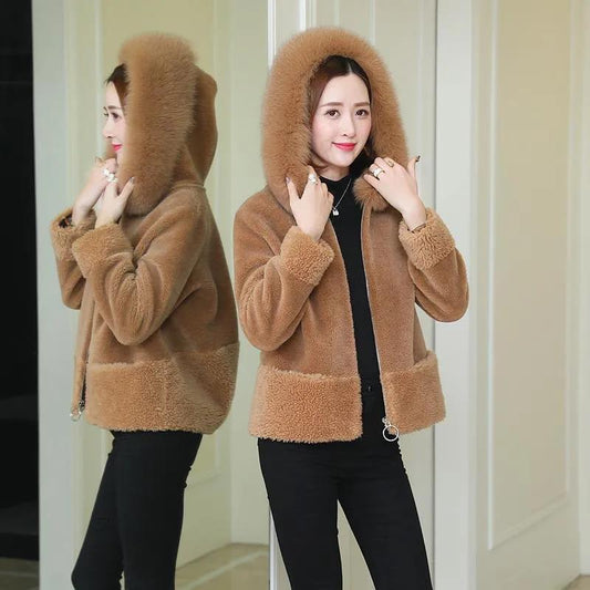 Fur Coat Female Sheep Shearing Autumn and Winter Grain Fleece Short Fox Fur Collar Hooded Fashion All-match Personality